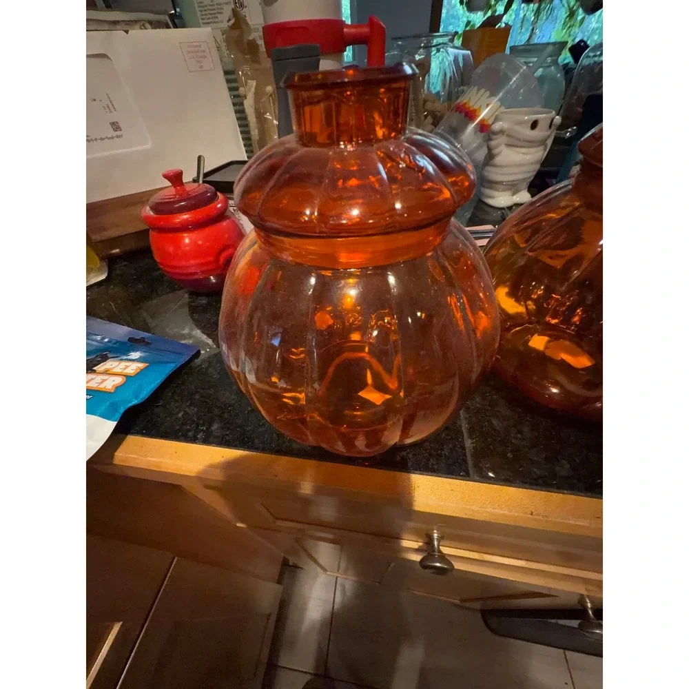 Anchor Hocking Vintage Amber Glass Pumpkin Jars Set of 2 Fall Decor Canisters